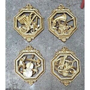 4 Vintage 1976 Mid Century Wall Art Plaques Musical Instruments SYROCO/HOMCO